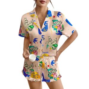 imageEkouaer Womens Silk Pajamas Button Down 2 Piece Satin Pjs Shorts Set Ruffle Lingerie Notch Collar SleepwearPattern2queen Picasso Khaki