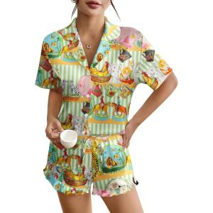 imageEkouaer Womens Silk Pajamas Button Down 2 Piece Satin Pjs Shorts Set Ruffle Lingerie Notch Collar SleepwearPattern4animal Flower Art
