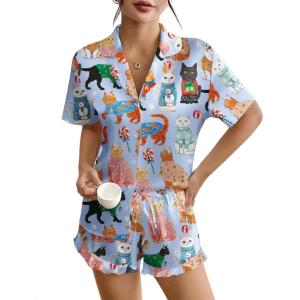 imageEkouaer Womens Silk Pajamas Button Down 2 Piece Satin Pjs Shorts Set Ruffle Lingerie Notch Collar SleepwearPattern5cat Collection