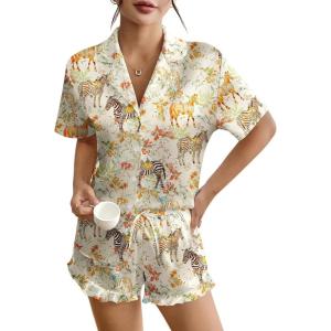 imageEkouaer Womens Silk Pajamas Button Down 2 Piece Satin Pjs Shorts Set Ruffle Lingerie Notch Collar SleepwearPattern6zebra Collection