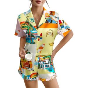 imageEkouaer Womens Silk Pajamas Button Down 2 Piece Satin Pjs Shorts Set Ruffle Lingerie Notch Collar SleepwearPattern7holiday Style
