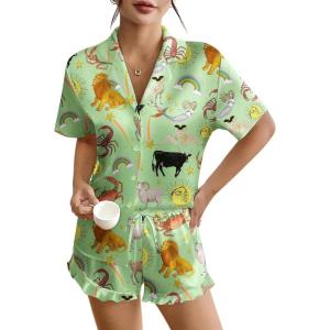 imageEkouaer Womens Silk Pajamas Button Down 2 Piece Satin Pjs Shorts Set Ruffle Lingerie Notch Collar SleepwearPattern8green Constellation
