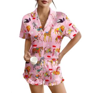imageEkouaer Womens Silk Pajamas Button Down 2 Piece Satin Pjs Shorts Set Ruffle Lingerie Notch Collar SleepwearPattern9animal Art