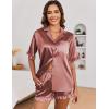 imageEkouaer Womens Satin Pajamas Set Button Down Silk 2 Piece Pj Sets Ruffle Short Sleeve SleepwearBrown