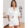 imageEkouaer Womens Satin Pajamas Set Button Down Silk 2 Piece Pj Sets Ruffle Short Sleeve SleepwearWhite