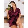 imageEkouaer Womens Satin Pajamas Set Button Down Silk 2 Piece Pj Sets Ruffle Short Sleeve SleepwearWine Red