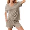 imageEkouaer Lounge Sets for Women 2 Piece Ribbed Knit Pajamas Short Sleeve Pj Tops and Shorts Sleepwear Casual Outfits SetKhaki