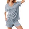 imageEkouaer Lounge Sets for Women 2 Piece Ribbed Knit Pajamas Short Sleeve Pj Tops and Shorts Sleepwear Casual Outfits SetLight Blue