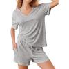 imageEkouaer Lounge Sets for Women 2 Piece Ribbed Knit Pajamas Short Sleeve Pj Tops and Shorts Sleepwear Casual Outfits SetLight Gray