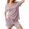 imageEkouaer Lounge Sets for Women 2 Piece Ribbed Knit Pajamas Short Sleeve Pj Tops and Shorts Sleepwear Casual Outfits SetLilac