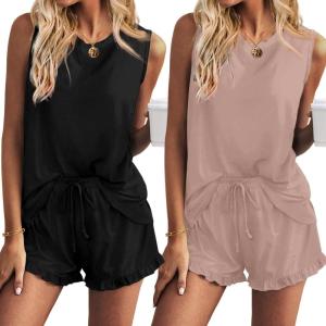 imageEkouaer 2 Pack Womens Pajama Set Print Sleepwear Tank Tops and Ruffled Shorts with Pockets Y2k Loungewear Sets Outfits SXXLBlackmisty Rose