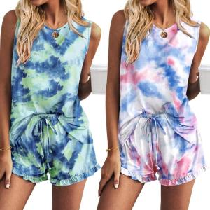imageEkouaer 2 Pack Womens Pajama Set Print Sleepwear Tank Tops and Ruffled Shorts with Pockets Y2k Loungewear Sets Outfits SXXLBlue Pink Tie Dye