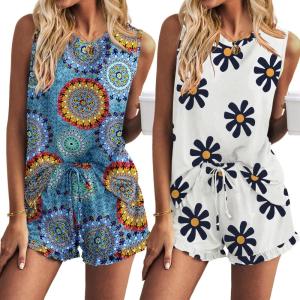 imageEkouaer 2 Pack Womens Pajama Set Print Sleepwear Tank Tops and Ruffled Shorts with Pockets Y2k Loungewear Sets Outfits SXXLBohodaisy