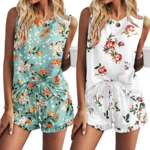imageEkouaer 2 Pack Womens Pajama Set Print Sleepwear Tank Tops and Ruffled Shorts with Pockets Y2k Loungewear Sets Outfits SXXLFlower Whitegreen