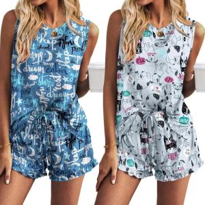 imageEkouaer 2 Pack Womens Pajama Set Print Sleepwear Tank Tops and Ruffled Shorts with Pockets Y2k Loungewear Sets Outfits SXXLLetterdog
