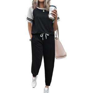 imageEkouaer Lounge Sets for Women Two Piece Pajama Set Short Sleeve Crewneck Jogger Outfits and Sweatpants TracksuitBlack
