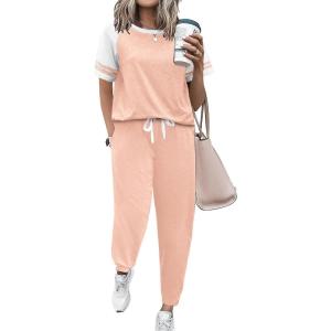 imageEkouaer Lounge Sets for Women Two Piece Pajama Set Short Sleeve Crewneck Jogger Outfits and Sweatpants TracksuitChampagne