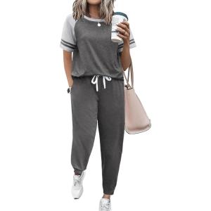 imageEkouaer Lounge Sets for Women Two Piece Pajama Set Short Sleeve Crewneck Jogger Outfits and Sweatpants TracksuitDark Grey