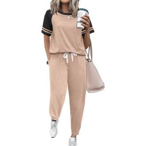 imageEkouaer Lounge Sets for Women Two Piece Pajama Set Short Sleeve Crewneck Jogger Outfits and Sweatpants TracksuitKhaki