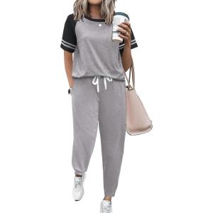 imageEkouaer Lounge Sets for Women Two Piece Pajama Set Short Sleeve Crewneck Jogger Outfits and Sweatpants TracksuitLight Grey 2