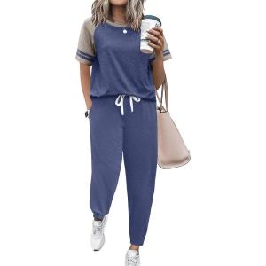 imageEkouaer Lounge Sets for Women Two Piece Pajama Set Short Sleeve Crewneck Jogger Outfits and Sweatpants TracksuitNavy Army