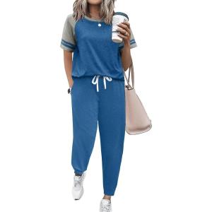 imageEkouaer Lounge Sets for Women Two Piece Pajama Set Short Sleeve Crewneck Jogger Outfits and Sweatpants TracksuitNavy Blue