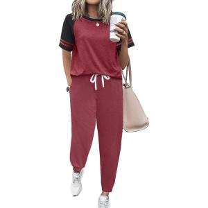 imageEkouaer Lounge Sets for Women Two Piece Pajama Set Short Sleeve Crewneck Jogger Outfits and Sweatpants TracksuitWine Red