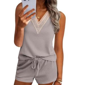 imageEkouaer Pajama Sets for Women 2 Piece Tank Top and Shorts Waffle Knit Lounge Set with Lace Vneck PJ LoungewearGrey