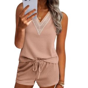 imageEkouaer Pajama Sets for Women 2 Piece Tank Top and Shorts Waffle Knit Lounge Set with Lace Vneck PJ LoungewearKhaki