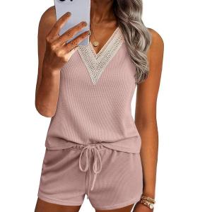 imageEkouaer Pajama Sets for Women 2 Piece Tank Top and Shorts Waffle Knit Lounge Set with Lace Vneck PJ LoungewearPink