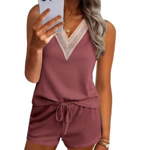 imageEkouaer Pajama Sets for Women 2 Piece Tank Top and Shorts Waffle Knit Lounge Set with Lace Vneck PJ LoungewearWine Red