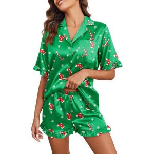 imageEkouaer Womens Satin Pajamas Set Button Down Silk 2 Piece Pj Sets Ruffle Short Sleeve SleepwearChristmas Green