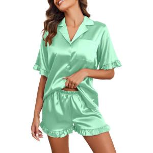 imageEkouaer Womens Satin Pajamas Set Button Down Silk 2 Piece Pj Sets Ruffle Short Sleeve SleepwearGray Green