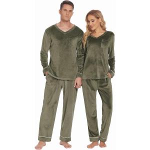 imageEkouaer Couples Matching Pajamas Sets Velvet PJs Set for Men and Women Velour Long Sleeve Sleepwear SXXLArmy Green