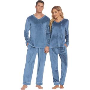 imageEkouaer Couples Matching Pajamas Sets Velvet PJs Set for Men and Women Velour Long Sleeve Sleepwear SXXLBlue