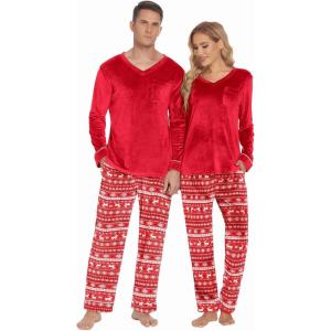 imageEkouaer Couples Matching Pajamas Sets Velvet PJs Set for Men and Women Velour Long Sleeve Sleepwear SXXLChristmas Red