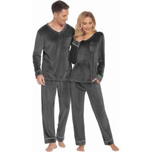 imageEkouaer Couples Matching Pajamas Sets Velvet PJs Set for Men and Women Velour Long Sleeve Sleepwear SXXLDeep Gray