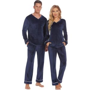 imageEkouaer Couples Matching Pajamas Sets Velvet PJs Set for Men and Women Velour Long Sleeve Sleepwear SXXLNavy