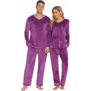imageEkouaer Couples Matching Pajamas Sets Velvet PJs Set for Men and Women Velour Long Sleeve Sleepwear SXXLPurple