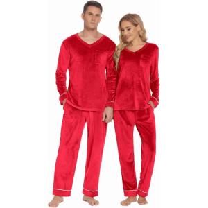 imageEkouaer Couples Matching Pajamas Sets Velvet PJs Set for Men and Women Velour Long Sleeve Sleepwear SXXLRed