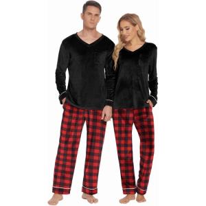imageEkouaer Couples Matching Pajamas Sets Velvet PJs Set for Men and Women Velour Long Sleeve Sleepwear SXXLRed Plaid