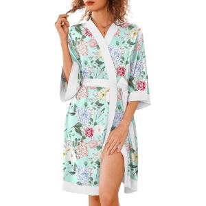 imageEkouaer Robes for Women Knee Length Bathrobe Lightweight Kimono Robe 34 Sleeve Knit Sleepwear with PocketsGreen Flower