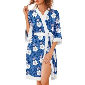 imageEkouaer Robes for Women Knee Length Bathrobe Lightweight Kimono Robe 34 Sleeve Knit Sleepwear with PocketsWhite Leopard Print