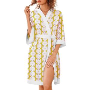 imageEkouaer Robes for Women Knee Length Bathrobe Lightweight Kimono Robe 34 Sleeve Knit Sleepwear with PocketsYellow Pink Grid