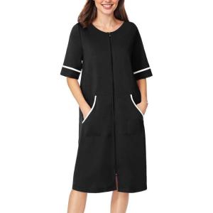 imageEkouaer Women Zipper Robe Short Sleeve Duster Housecoat Short Bathrobes Zip Front Nightgown with Pockets S3XLBlack