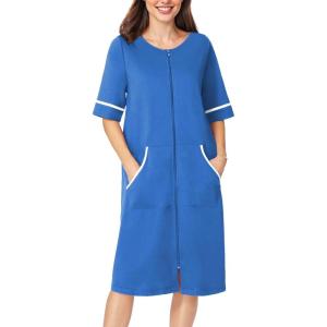 imageEkouaer Women Zipper Robe Short Sleeve Duster Housecoat Short Bathrobes Zip Front Nightgown with Pockets S3XLBlue