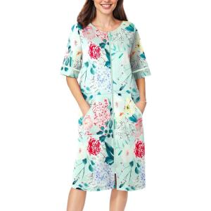 imageEkouaer Women Zipper Robe Short Sleeve Duster Housecoat Short Bathrobes Zip Front Nightgown with Pockets S3XLGreen Flower