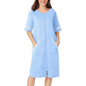 imageEkouaer Women Zipper Robe Short Sleeve Duster Housecoat Short Bathrobes Zip Front Nightgown with Pockets S3XLLight Blue