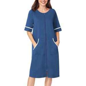 imageEkouaer Women Zipper Robe Short Sleeve Duster Housecoat Short Bathrobes Zip Front Nightgown with Pockets S3XLNavy
