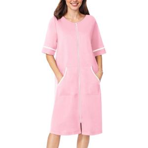 imageEkouaer Women Zipper Robe Short Sleeve Duster Housecoat Short Bathrobes Zip Front Nightgown with Pockets S3XLPink